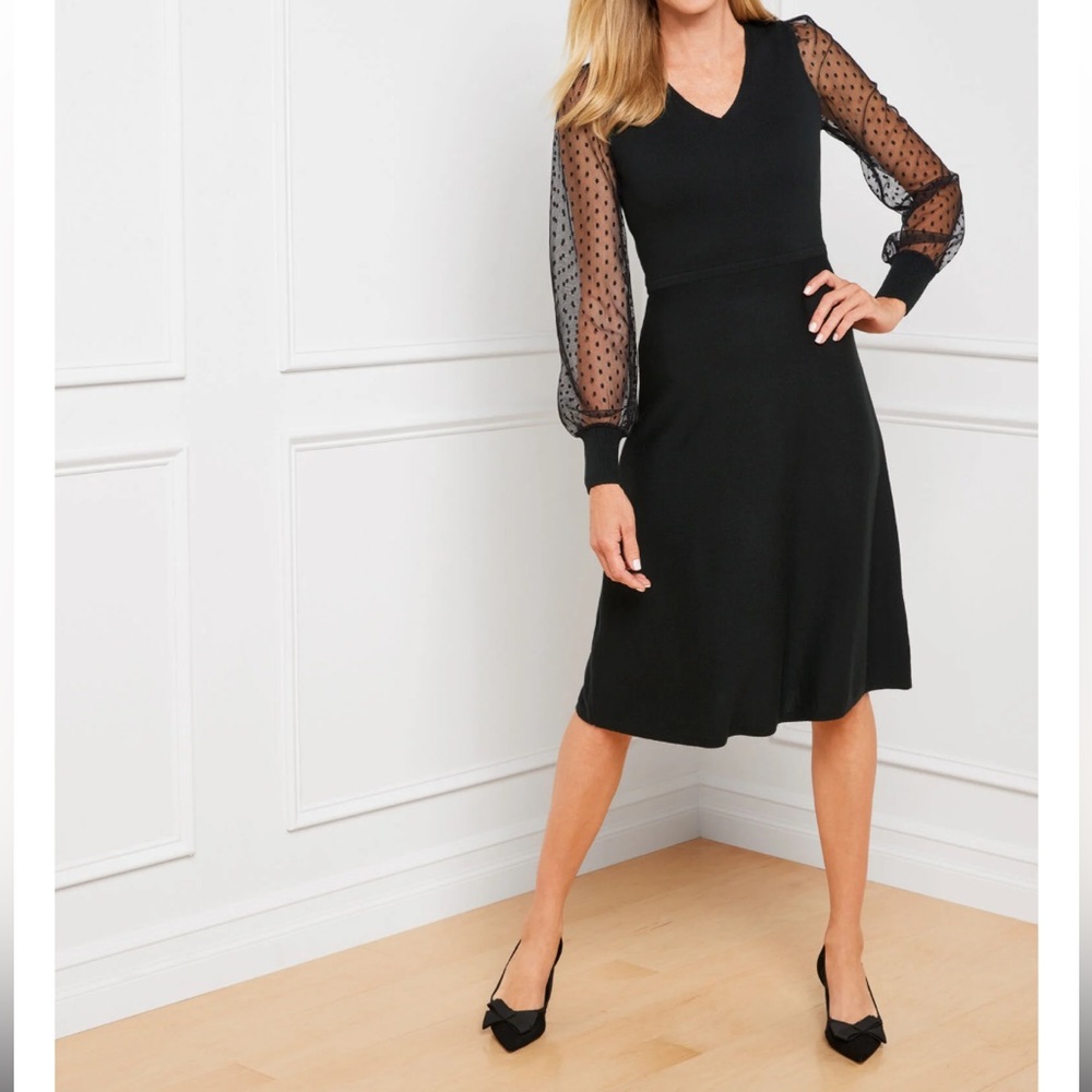 Talbots SHEER SLEEVE MERINO WOOL SWEATER DRESS, Black, Size XS (NWOT)